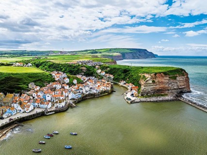 Staithes Village from a drone, North Yorkshire, North York Moors National Park, England, United