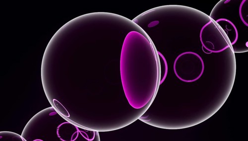 A visually striking 3D render of large, glossy purple spheres floating against a dark, shadowy