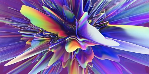 A striking image featuring vibrant 3D extrusions in holographic, fluid colors, creating a dynamic