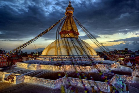 Nepal. landlocked country in the Himalayas, Kathmandu, Bodnath, Boudnath, stupa, colorful flags,