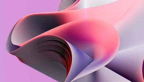 A 3D rendered illustration featuring fluid, abstract shapes in a blend of pink, purple, and red