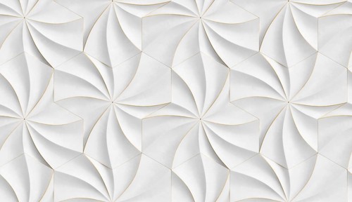 3D expensive wallpaper of architectural modules is black and brown with red gold frayed edges.