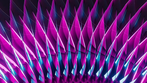 Colorful neon lights illuminate sharp geometric shapes in an abstract design, creating a