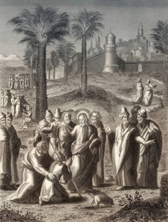 Healing a blind man near Jericho, New Testament, steel engraving 1853, digitally restored