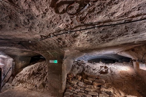 Remaining rubble from World War II in the historic rock cellars, laid out in the 17th century,