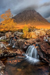 Waterfall, wild river, cloudy mood, morning light, autumn colours, autumn, mountains, Buachaille