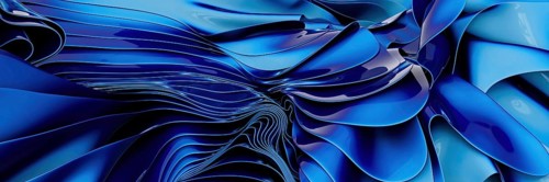 This abstract image features fluidly swirling metallic blue waves, creating a sense of dynamic