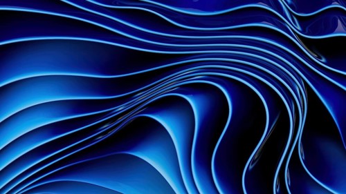 Vivid abstract blue waves create a dynamic flowing pattern, with smooth curves and gradients. The