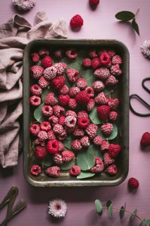 A tray of frozen raspberries with scattered eucalyptus leaves on a pink surface, surrounded by