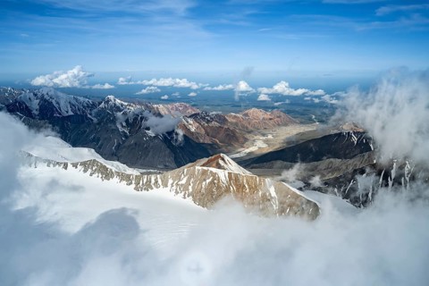 Mountains with snow and glaciers, aerial view, Alaska Range, Denali National Park, Alaska, USA