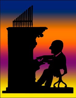 Anton Bruckner playing organ, Silhouette print by Hans Schließmann, digitally edited