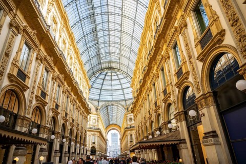 View of the Galleria Vittorio Emanuele with its many luxury shops in Milan on a sunny day, Milan,