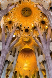 Interior view of the Familia Sagrada by the architect Antonio Gaudi in Barcelona, Spain