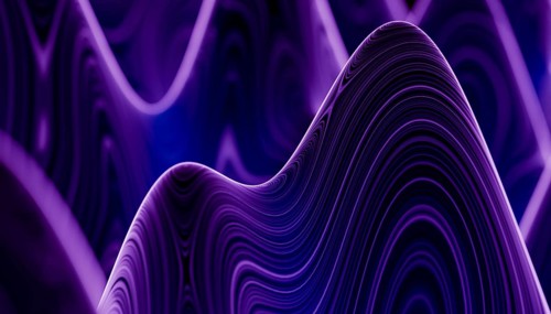 A mesmerizing 3D render depicting undulating abstract wave patterns in varying shades of purple and