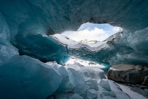 Glacier cave, ice cave, Morteratsch Glacier, Engadin, Graubünden, Switzerland