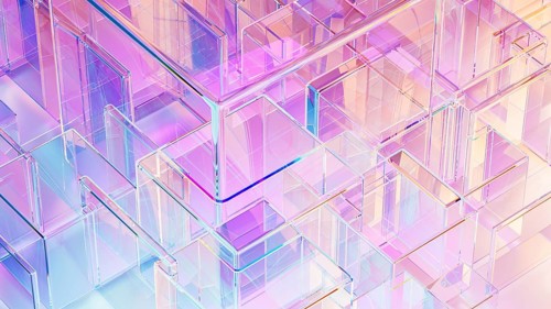 Translucent cubes in varying sizes form a sophisticated abstract background, combining colors and