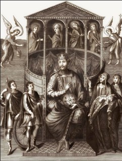 Charles the Bald, 823 – 877, emperor of the Carolingian Empire, sitting on his throne