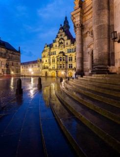 House of Estates, Procession of Princes, Georgentor and Court Church on Schlossplatz during rain,