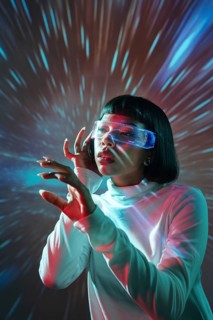 A Latin woman wearing virtual reality glasses is immersed in a digital experience, surrounded by