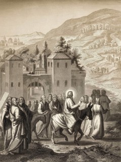 Jesus riding a donkey to Jerusalem, New Testament, steel engraving 1853, digitally restored