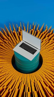 A laptop stands surrounded by vibrant data elements, symbolizing connection and network activity