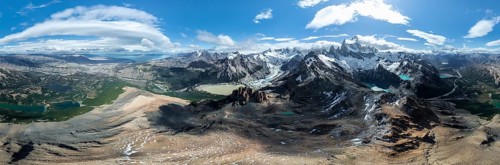 Aerial view, epic panorama, large glaciers, glacial lakes Lago de los Tres Laguna Sucia and Laguna