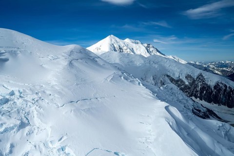 Mt Denali or Mount McKinley with glacier, aerial view, Alaska Range, Denali National Park, Alaska,