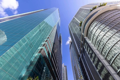 Miami downtown financial skyline and business shopping center near Biscayne bay and South beach