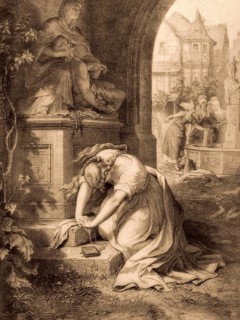 Gretchen calls Our Lady of Sorrows to help her, first part of the tragic play Faust by Johann