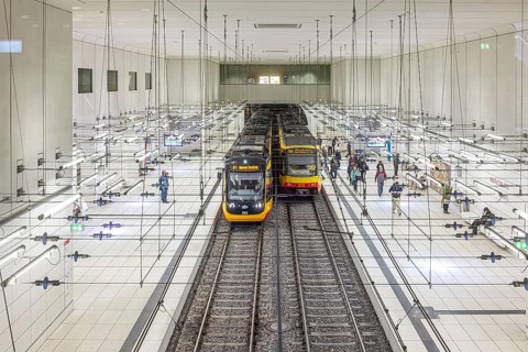 Combined solution, public transport in Karlsruhe. Realignment of trams and light rail in the city