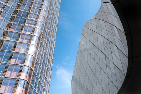 Modern high rise glass fronted British architecture, a business district on the south bank of the