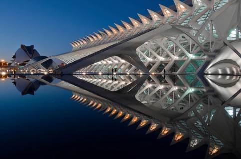 Stunning evening view of the City of Arts and Sciences in Valencia, Spain, showcasing its