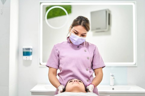 A skilled practitioner wearing a mask provides a facial treatment to a client in a modern beauty