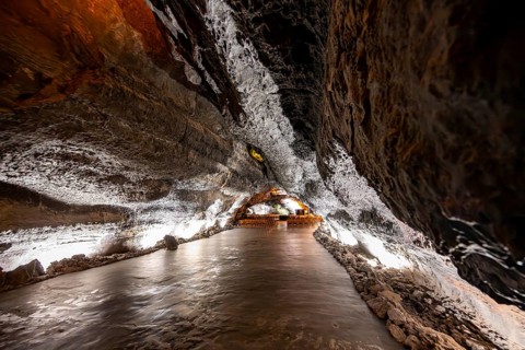 Underground cave formed by lava flow, illuminated lava cave, Cueva de los Verdes, Lanzarote, Canary