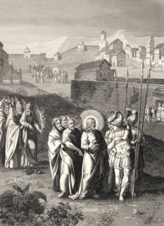 Pharisees try to trap Jesus, Is it right to pay taxes to Caesar or not, steel engraving 1853,