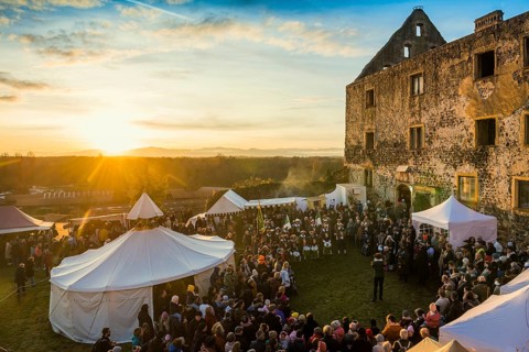 Medieval Christmas market, sunset, Burkheim, Vogtsburg, Kaiserstuhl, Baden-Württemberg, Germany