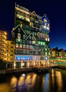 ZAANDAM, NETHERLANDS, MAY 8, 2017: Inntel Hotel in Zaandam illuminated at night. Design of