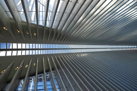 Modern architectural interior featuring repeated linear patterns and daylight streaming through the