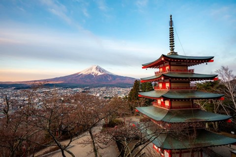 Five-story pagoda of a Shinto Shrine, Chureito Pagoda, with views of Fujiyoshida City and Mount