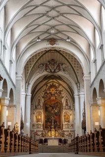 Interior view of Constance Cathedral with various architectural styles in the historic old town of