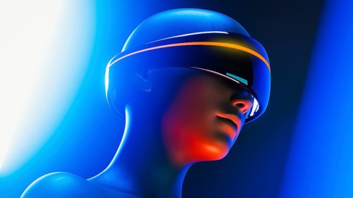 A humanoid wearing virtual goggles experiences an augmented world filled with artificial