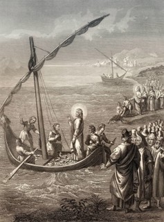 Miraculous Catch of Fish, Steel engraving 1853, digitally restored