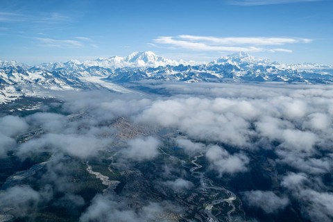 Mt Foraker and Mt Denali or Mount McKinley, aerial view, Alaska Range, Denali National Park,