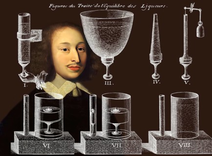 Portrait of Blaise Pascal with a page of Traitez de l'equilibre des liqueurs, et de la pesanteur de