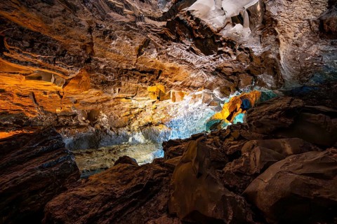 Underground cave formed by lava flow, illuminated lava cave, Cueva de los Verdes, Lanzarote, Canary