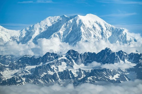Clouds over high mountains, Mt Foraker, aerial view, Alaska Range, Denali National Park, Alaska,