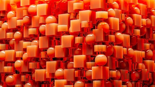 An engaging array of 3D geometric shapes in fiery orange tones combines spheres and cubes, creating