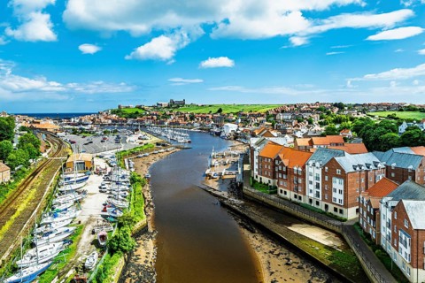 Whitby and River Esk from a drone, North Yorkshire, England, United Kingdom