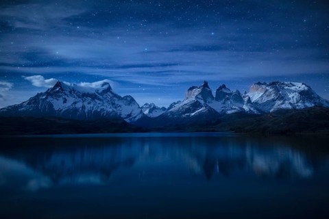 Moonlight over Lake Pehoe in Torres del Paine National Park, Chile
