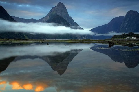 Milford Sound at sunrise, reflection in lake, South Island, New Zealand, Milford Sound, South